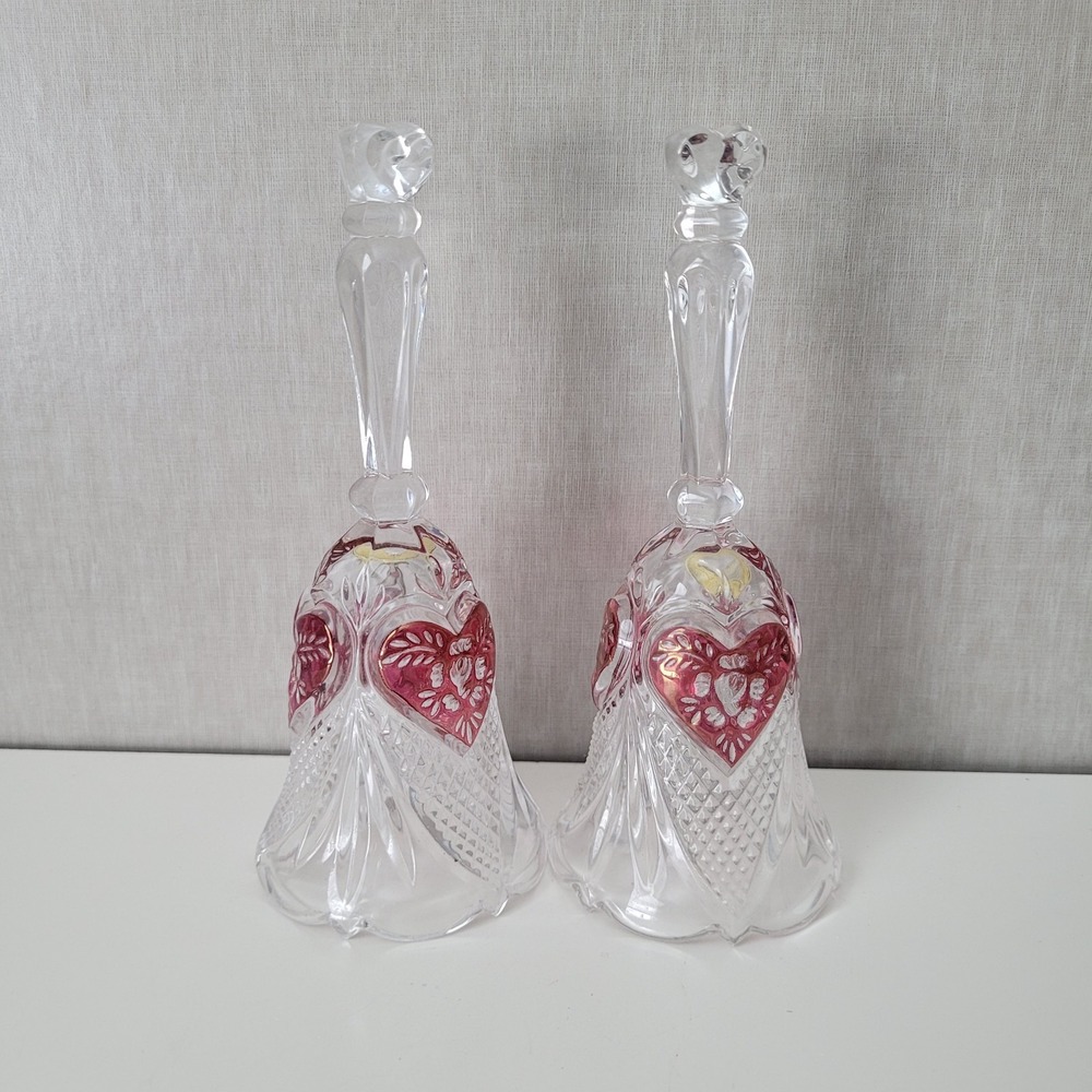 Vintage Enesco West‎ Germany 24% Lead Crystal Cranberry Heart Dinner Bells...